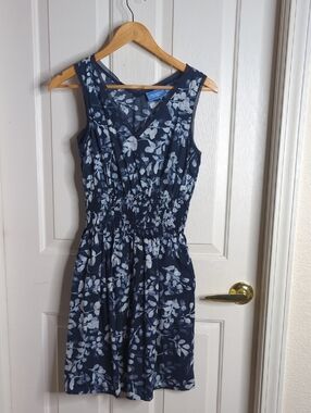 Vera Wang Navy & White Floral Smocked-Waist Midi Dress